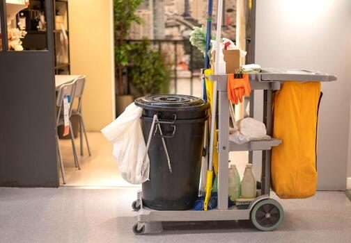 Fully stocked cleaning cart used on office jobs in York Region