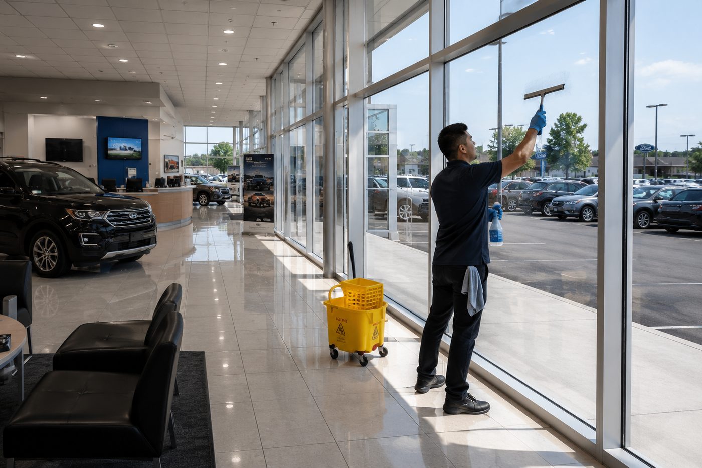 York Region Cleaners technician cleaning showroom glass at a car dealership