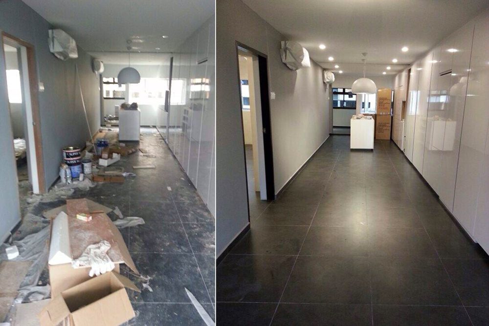 Before and after post-construction cleaning of an office corridor in York Region